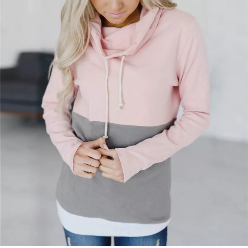 Women’s Cowl Neck Hoodie Sweater.  Pink Grey